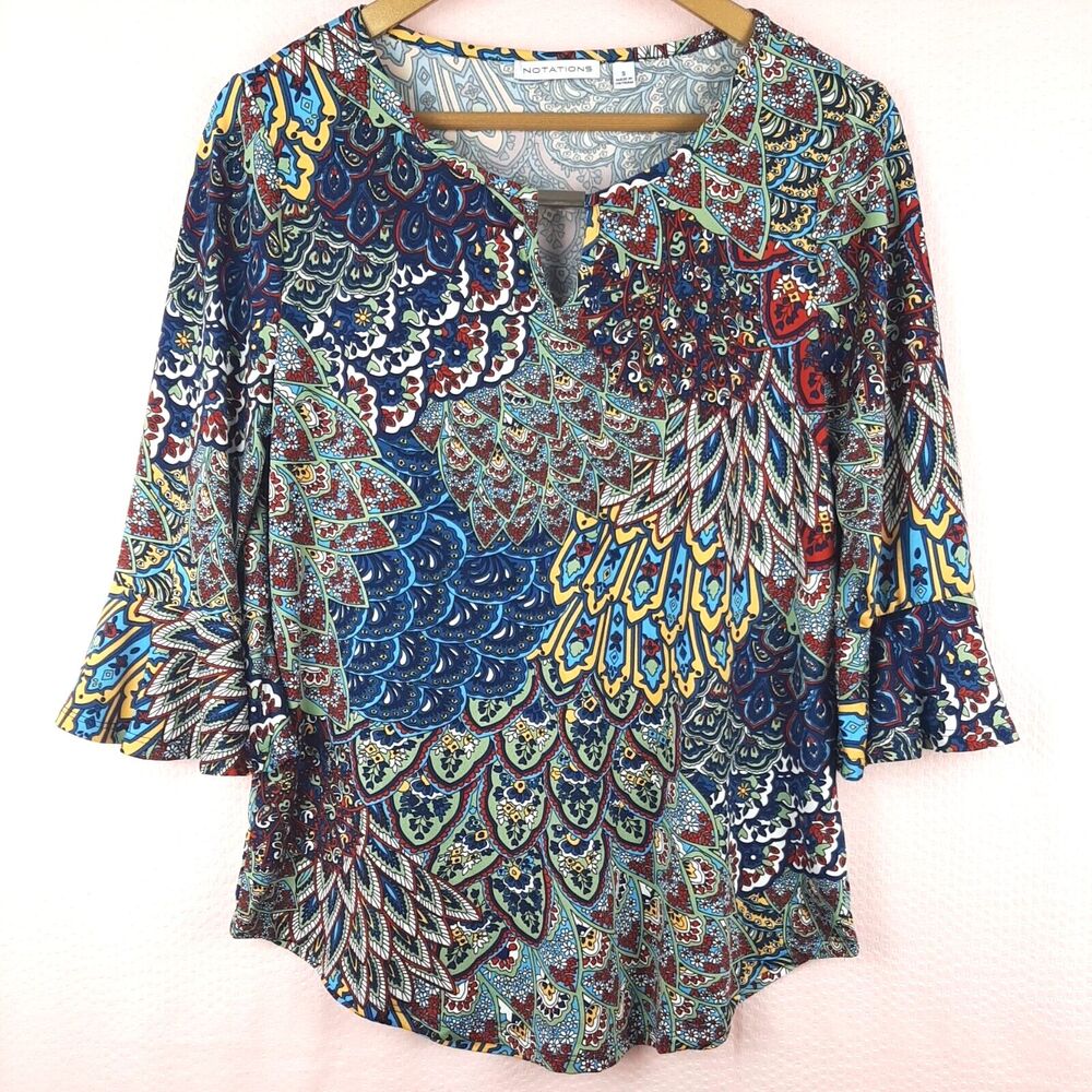 Notations Women Bright Stretch Top 3/4 Bell Sleeve Floral Print Neck Charm Sz S